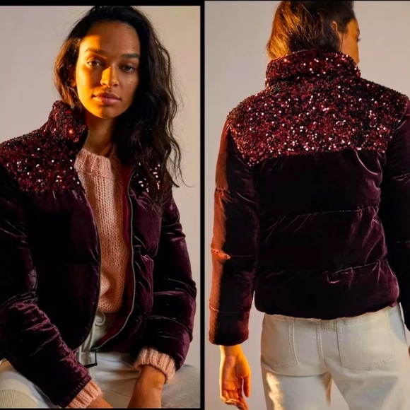 Anthropologie Jackets & Blazers - ANTHROPOLOGIE NWT Vera Sequined Velvet Puffer Jacket Coat Wine Size SP.